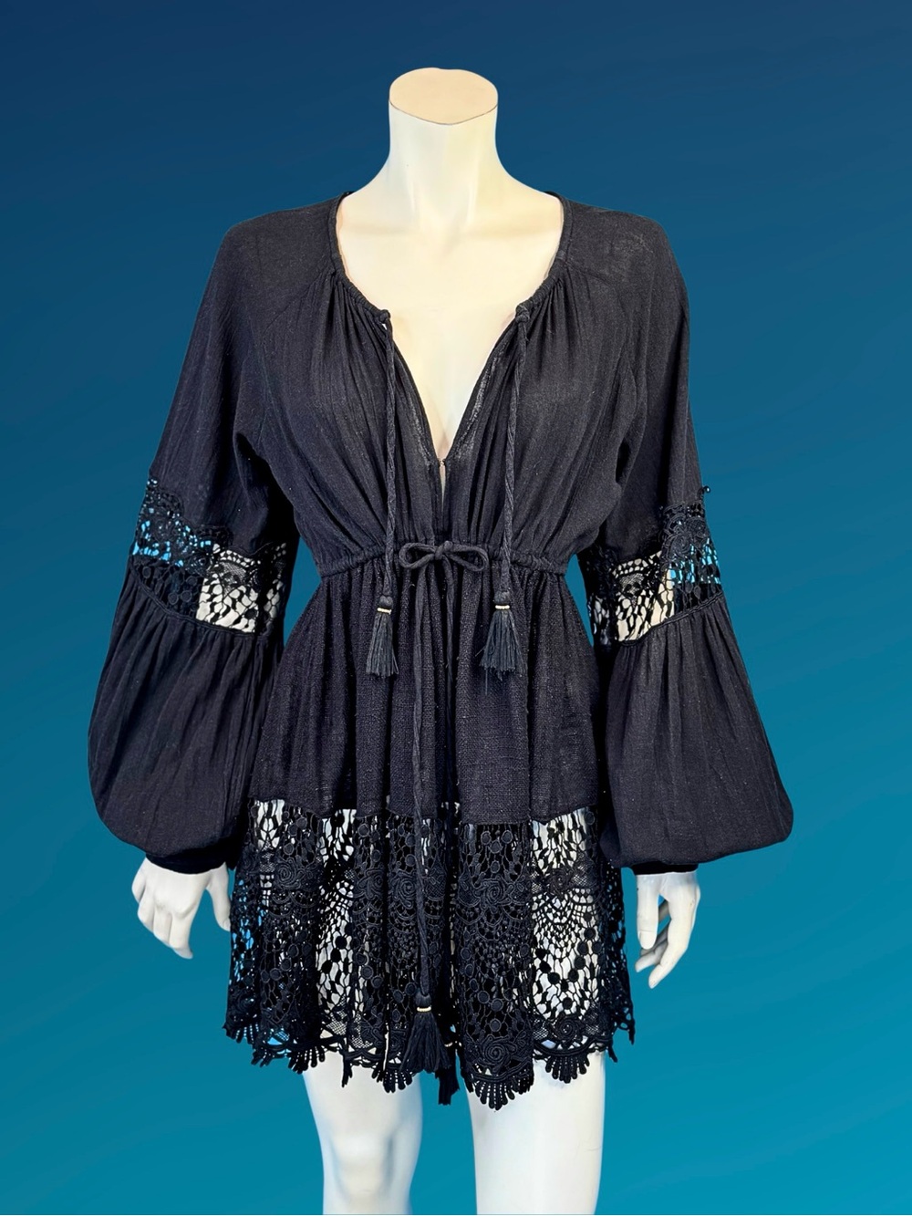 FREE PEOPLE Black Crochet lace Poet Sleeves Hippie Peasant Dress | M
